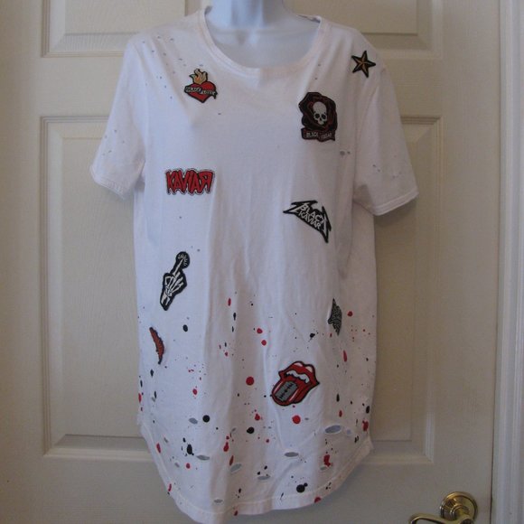 Black Kaviar Tshirt Tee Medium Destroyed Ink Spots Patches White Excellent SALE - Picture 1 of 6